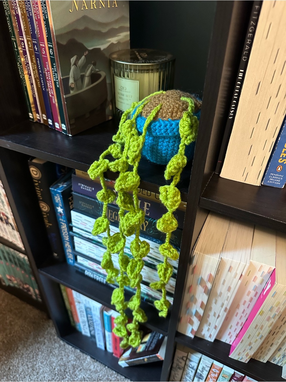 Handmade Blue Crochet Planter with Lime Green Vines